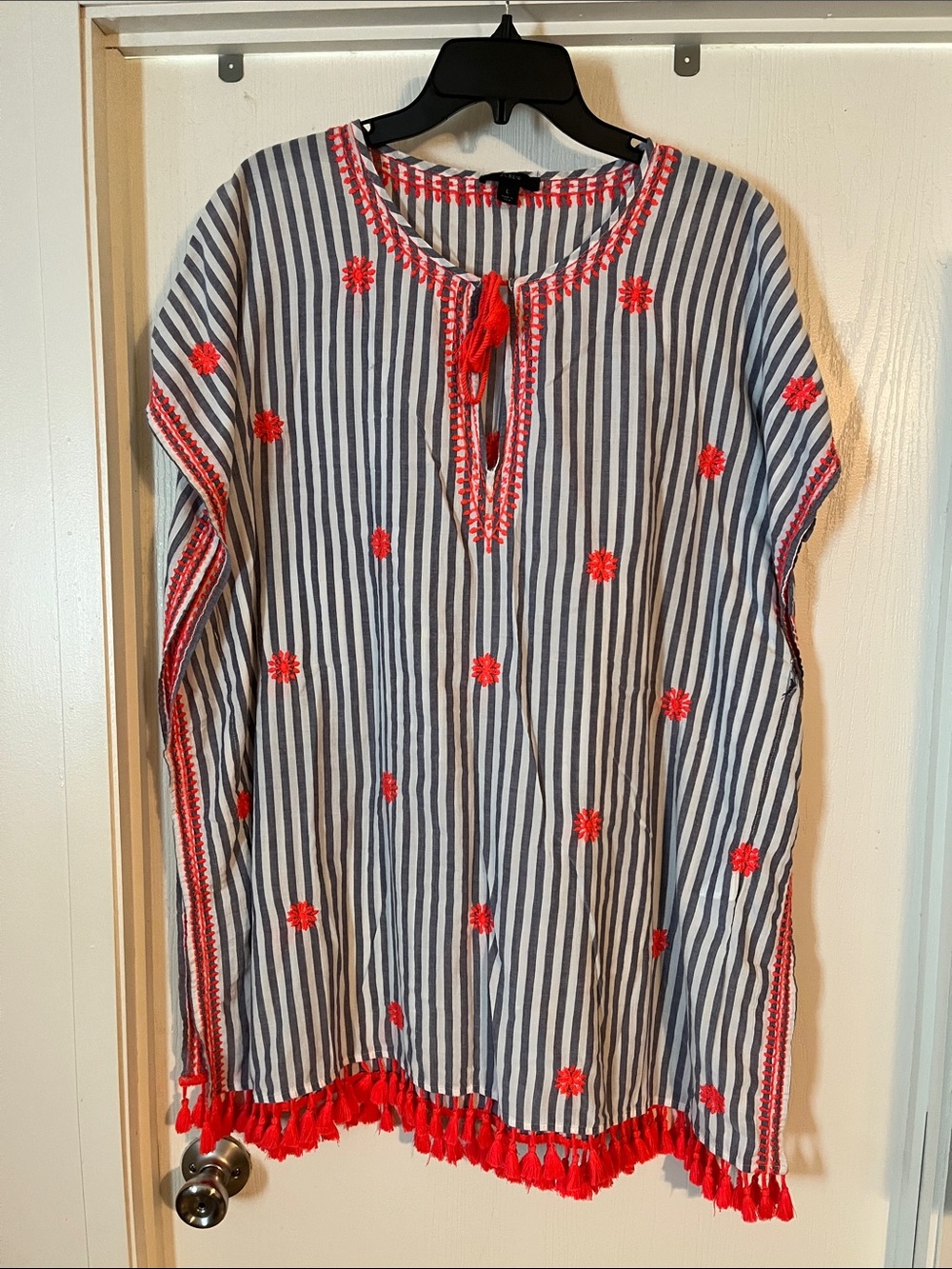 J. Crew Navy & White Striped Tunic with Neon Coral Embroidery Trim Large